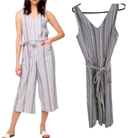 Beach Lunch Lounge Linen Cotton Wide Leg Jumpsuit Sz M White w Gray Stripes - Picture 1 of 8